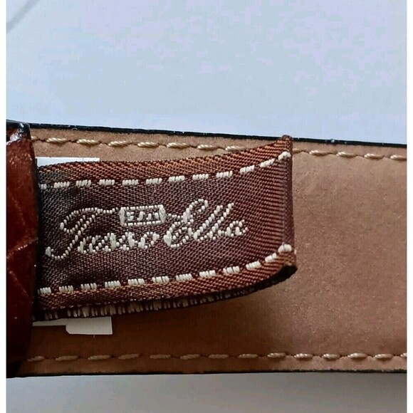 Tasso Elba Leather Belt Size 42 Brown Embossed Unisex Chrome Buckle Men Women - Picture 3 of 10